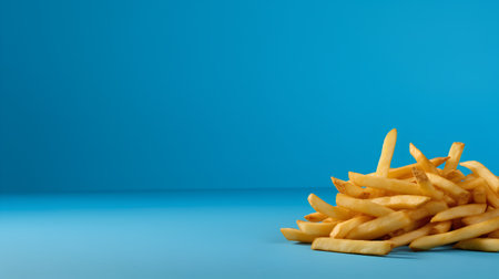 Golden French fries potatoes on blue background with copy space. Fast food concept.の素材