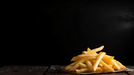 french fries on wooden table, black background, space for textの素材