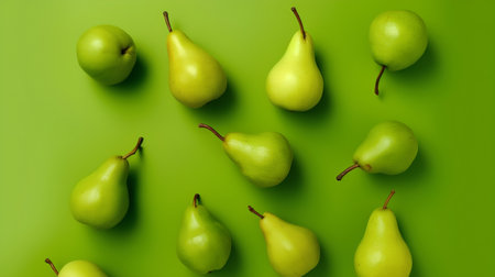 Green pears on green background. Flat lay, top view.の素材