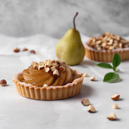 Tartlets with pears and almonds on a light background.の素材