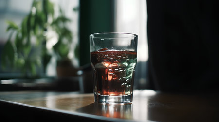 A glass of cola with ice cubes on the table in a cafeの素材