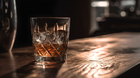Glass of whiskey with ice cubes on a wooden table in a barの素材