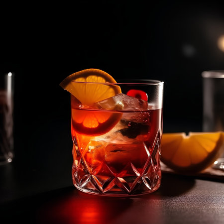 cocktail in the bar on a dark background with a slice of orangeの素材