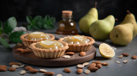 Tartlets with pears and almonds on a dark background.の素材
