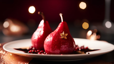 Christmas dessert with pomegranate and red pear on a plateの素材