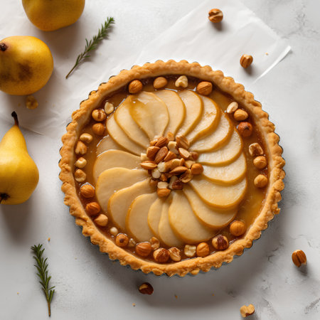 Tart with pear and nuts on a white background, top viewの素材