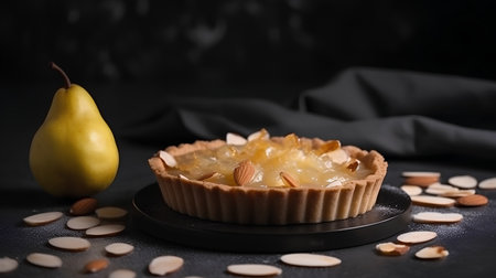 Tart with pears and almonds on a black background, selective focusの素材