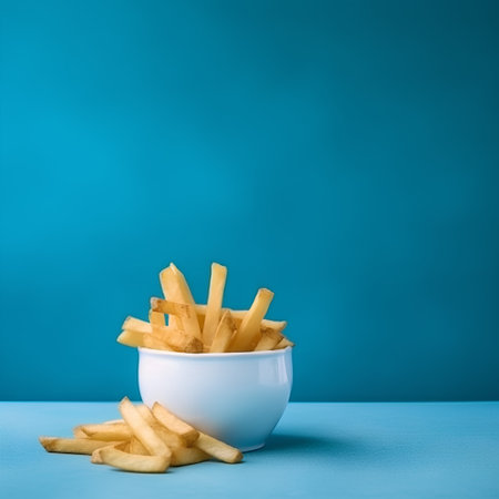 French fries in a bowl on a blue background. Selective focus.の素材