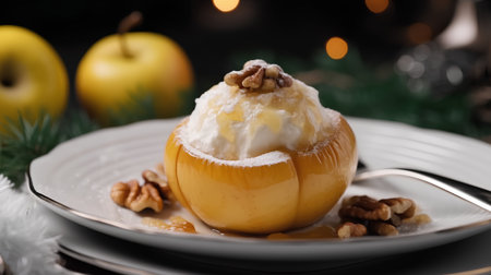 Baked apple with ice cream and walnuts on a Christmas backgroundの素材