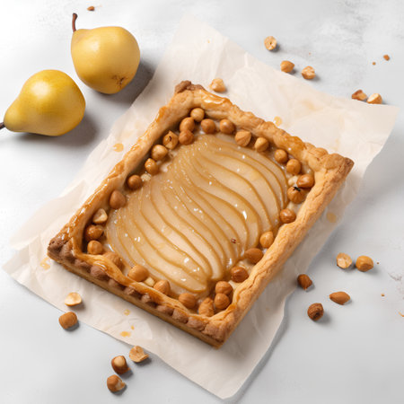 Tart with pears and nuts on a light background, top viewの素材