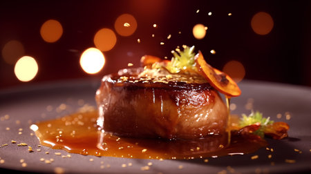 Delicious meat steak with caramel sauce on a dark background, close-upの素材