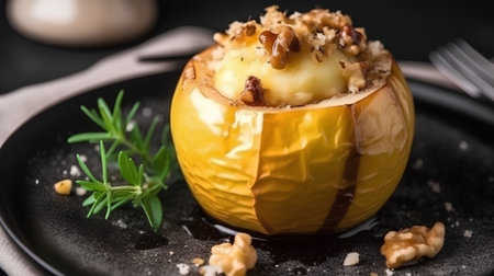 Baked apple with walnuts and rosemary on a black plateの素材