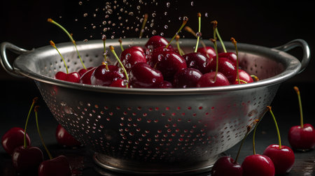 Fresh cherries in a colander with water drops on a dark backgroundの素材