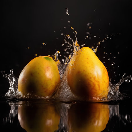 Water splashes on pears on a black background with reflection.の素材