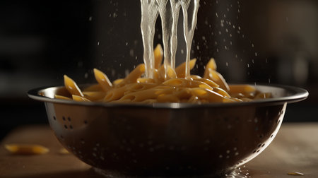 Close up of a colander with pasta being poured over it.の素材