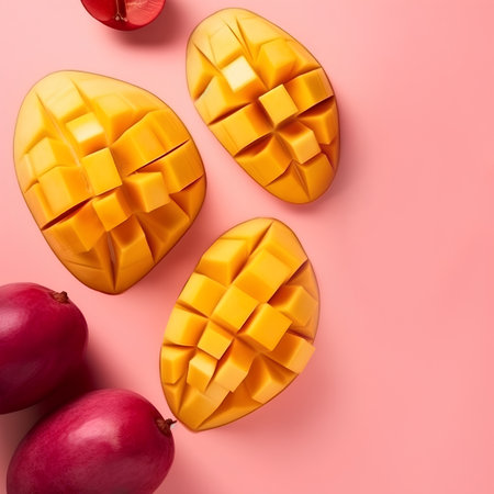 Mango fruit on a pink background. Flat lay, top view.の素材