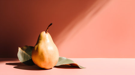 Ripe pears with leaves on a pink background. Minimal still life.の素材