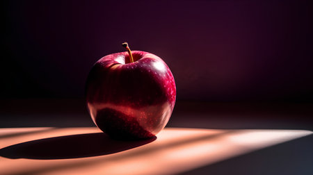 Red apple on a dark background with bright light. Copy space.の素材
