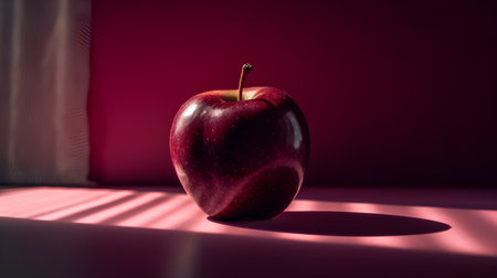 Red apple on a red background with a shadow from the window.の素材