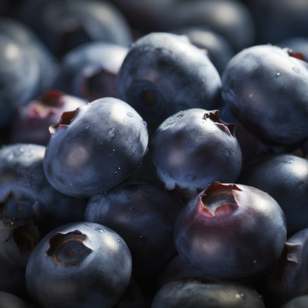 Fresh blueberries background with water drops. Shallow dof.の素材