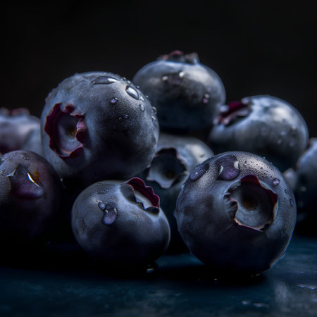 Fresh blueberries with water drops on a dark background. Selective focus.の素材