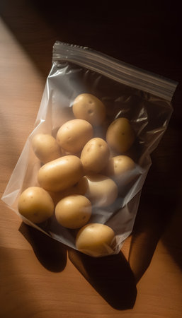 Fresh potatoes in a transparent plastic bag on a dark wooden background.の素材
