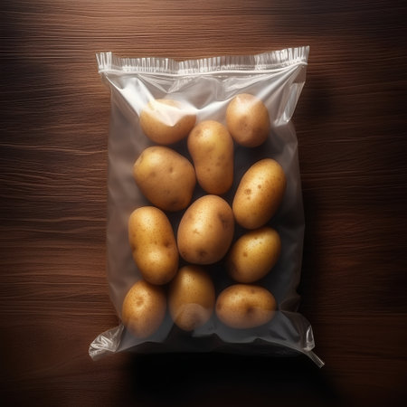 Potatoes in a plastic bag on a wooden background with copy spaceの素材