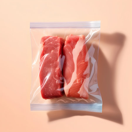 Plastic bag with fresh raw meat on color background, top viewの素材