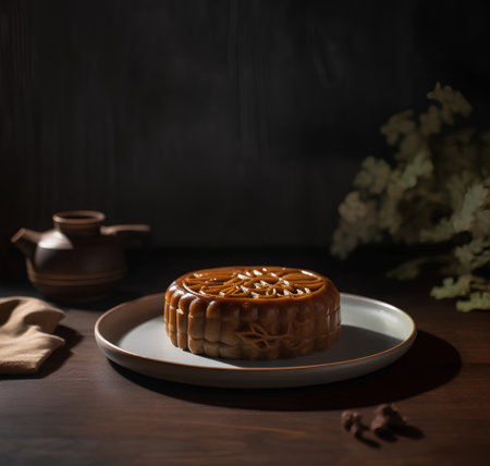 Moon cake, Chinese mid-autumn festival dessert on wooden backgroundの素材
