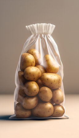 Fresh potatoes in a plastic bag on a beige background. 3d renderの素材