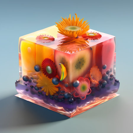 Frozen cube with fruits and berries on blue background. 3d renderの素材