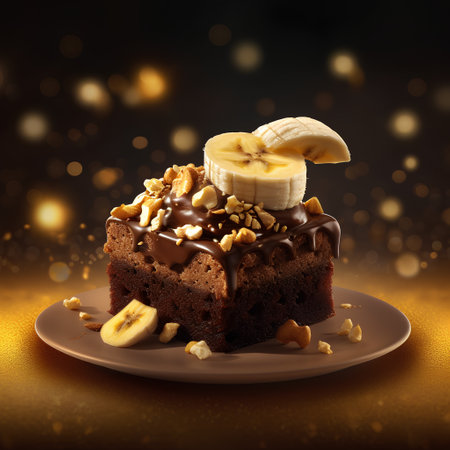 Chocolate cake with banana and nuts on a dark background. 3d renderingの素材