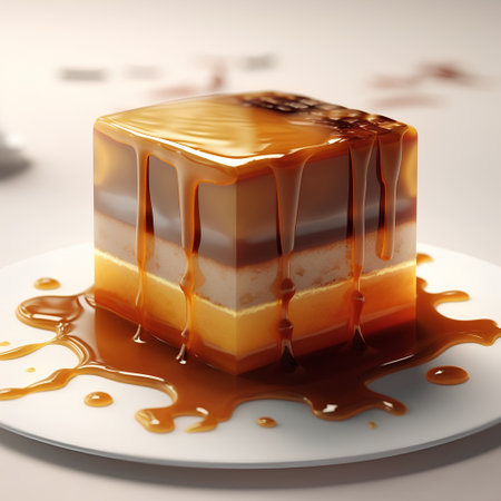 Piece of caramel cake on a white plate. 3d renderingの素材