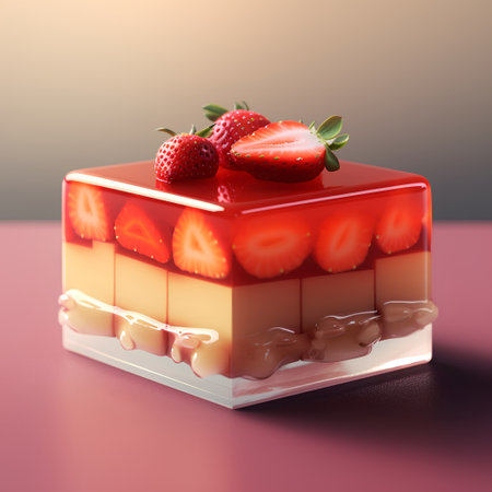 Piece of cake with strawberries on a pink background. 3d renderingの素材