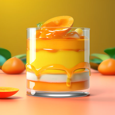 3d illustration of a glass of fruit dessert with orange and mangoの素材
