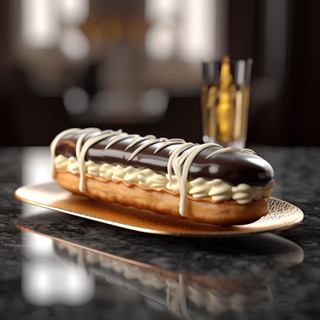 Chocolate eclair with chocolate glaze on a golden plate.の素材