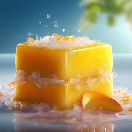 Close up of a yellow cube of soap with water droplets and a peachの素材