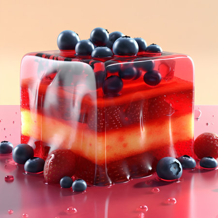 3d render of jelly dessert with berries on a red background.の素材