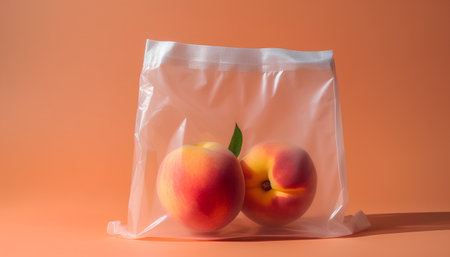 Plastic bag with peaches on a orange background. 3d renderingの素材