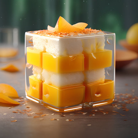 Mango and coconut pudding in a glass on a dark background.の素材