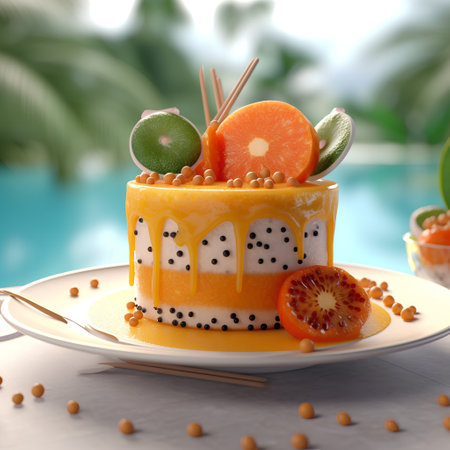 3d illustration of a cake with pitahaya, orange and limeの素材