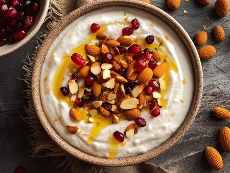 Yogurt with almond, cranberry and pomegranate seeds in a bowl on a dark backgroundの素材