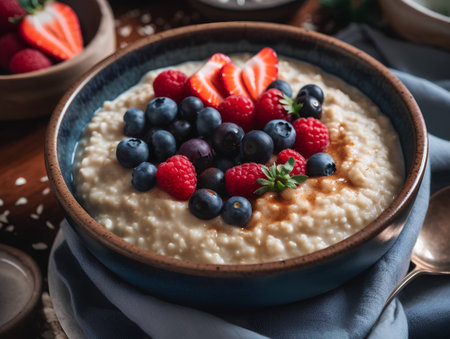 Oatmeal porridge with fresh berries in a bowl. Healthy breakfast.の素材