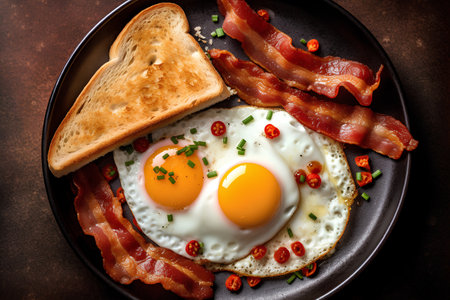Fried eggs with bacon and toast on dark background. Top view.の素材