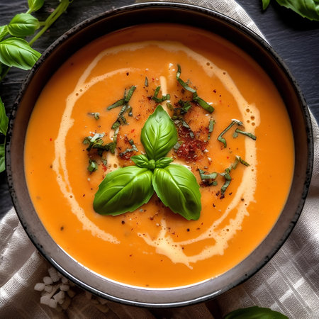 Pumpkin soup with fresh basil and thyme on dark backgroundの素材