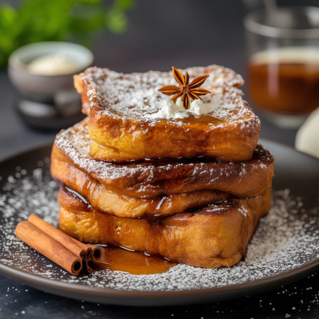 French toast with honey, anise and powdered sugar, selective focusの素材