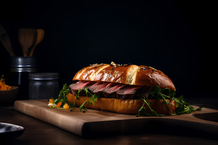 Sandwich with roast beef and arugula on a wooden boardの素材