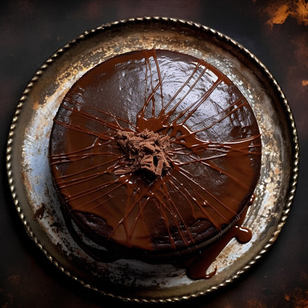 Chocolate cake with chocolate glaze on old metal background. Top view.の素材