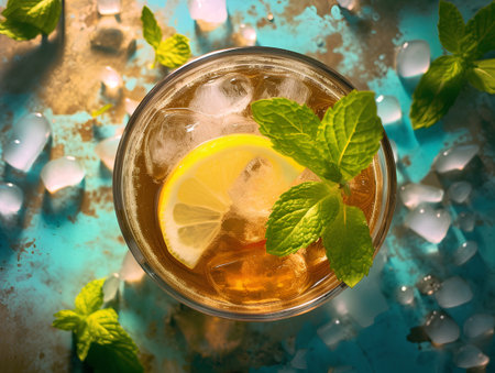 Iced tea with lemon and mint on a blue background. Top view.の素材