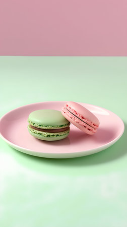 Two macaroons in pink plate on pastel background. 3d renderingの素材